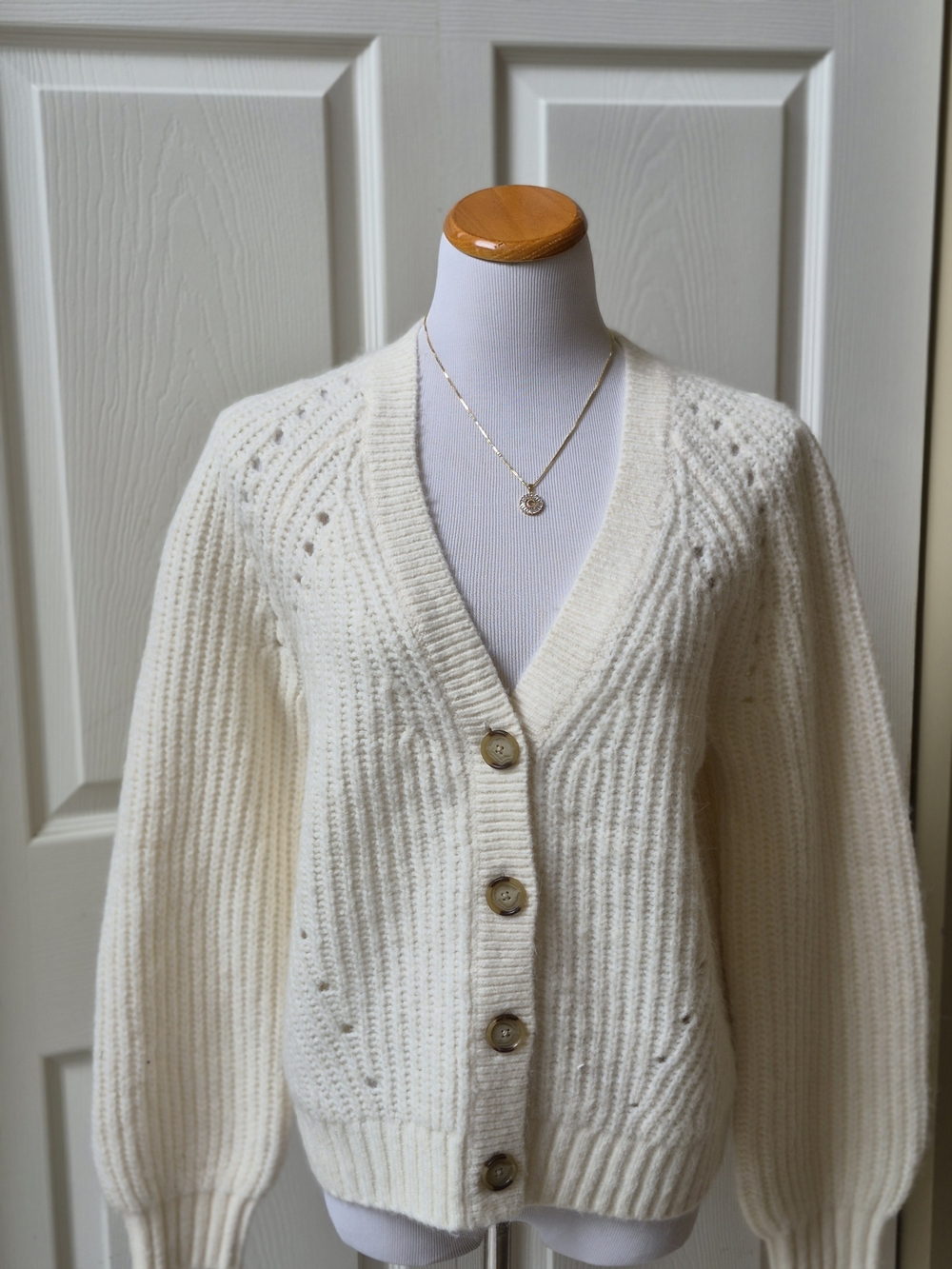 LOFT Cream Ribbed V‑Neck Button Cardigan - Picture 2 of 15